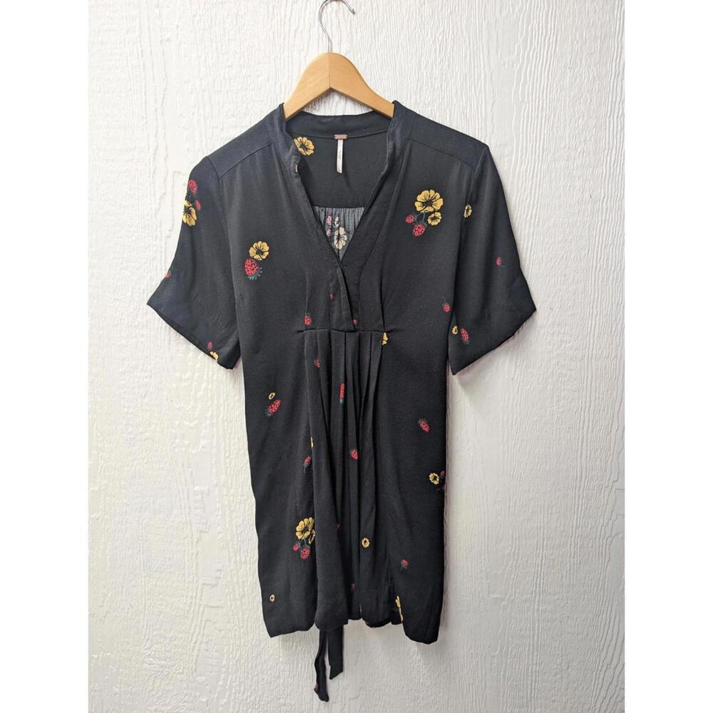 Free People Strawberry Fields Black Boho Tunic Mini Dress Size XS